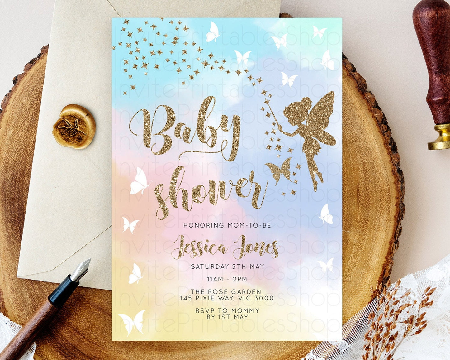 Fairy Baby Shower Invitation Pastel Fairy Invites Fairy Tea Party Fairy Garden Theme Secret Garden Enchanted Garden Floral Butterfly D10894