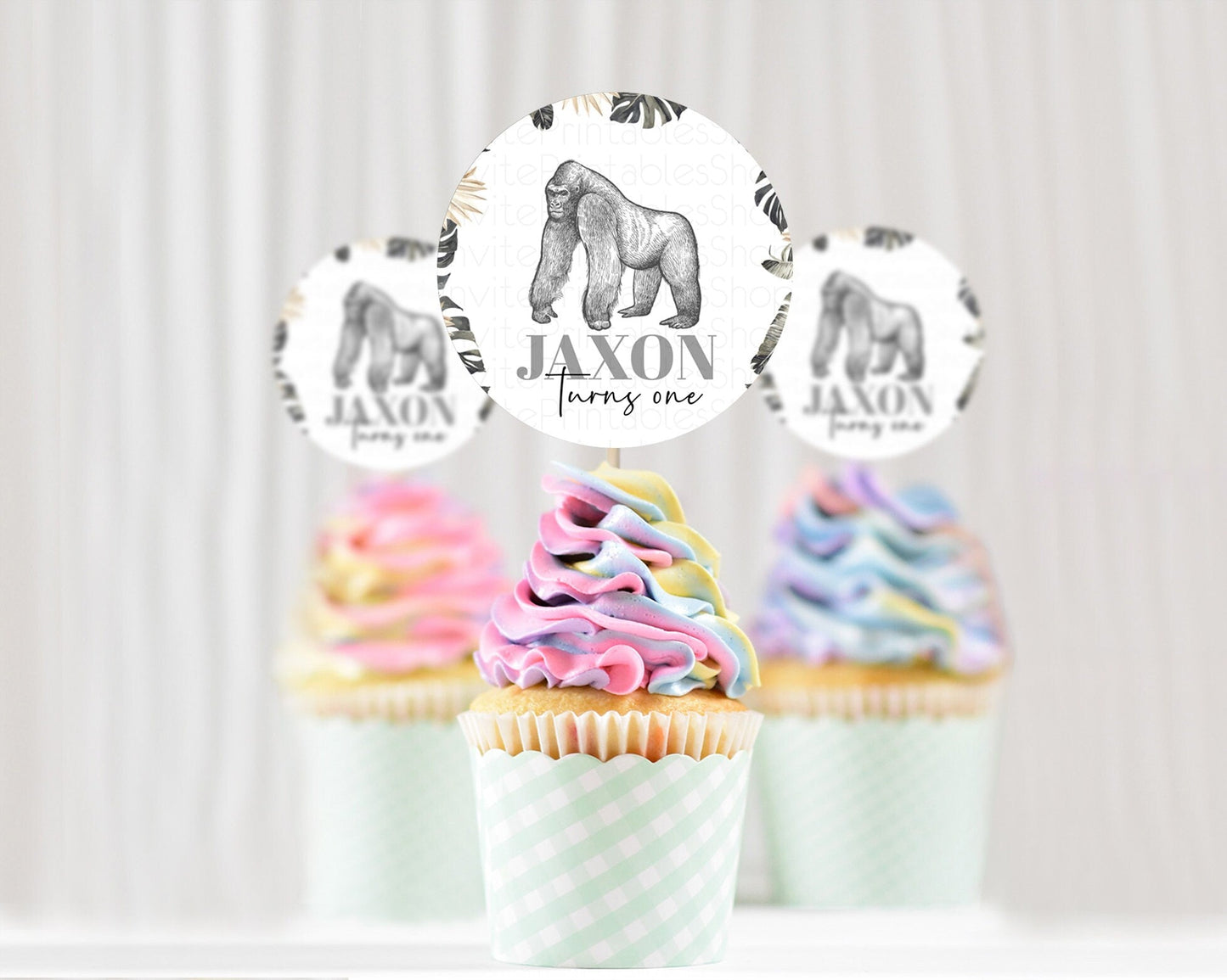 Gorilla Cupcake Toppers Jungle Gorilla Cupcake Gorilla Party Decor Gorilla Jungle Adventure Zoo Green Palm Leaf Fern First Birthday D10825