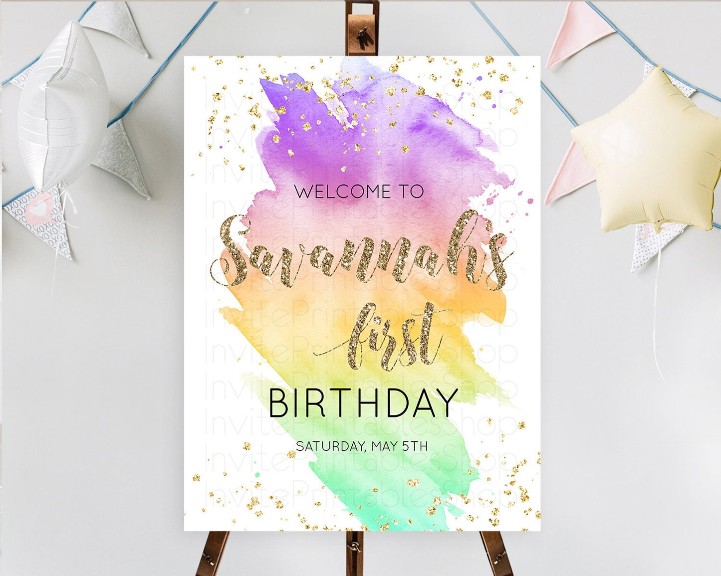 Pastel Welcome Sign Pastel Rainbow Welcome Sign Colorful Rainbow Confetti Watercolor Glitter Pastel First Birthday Welcome Sign D10517