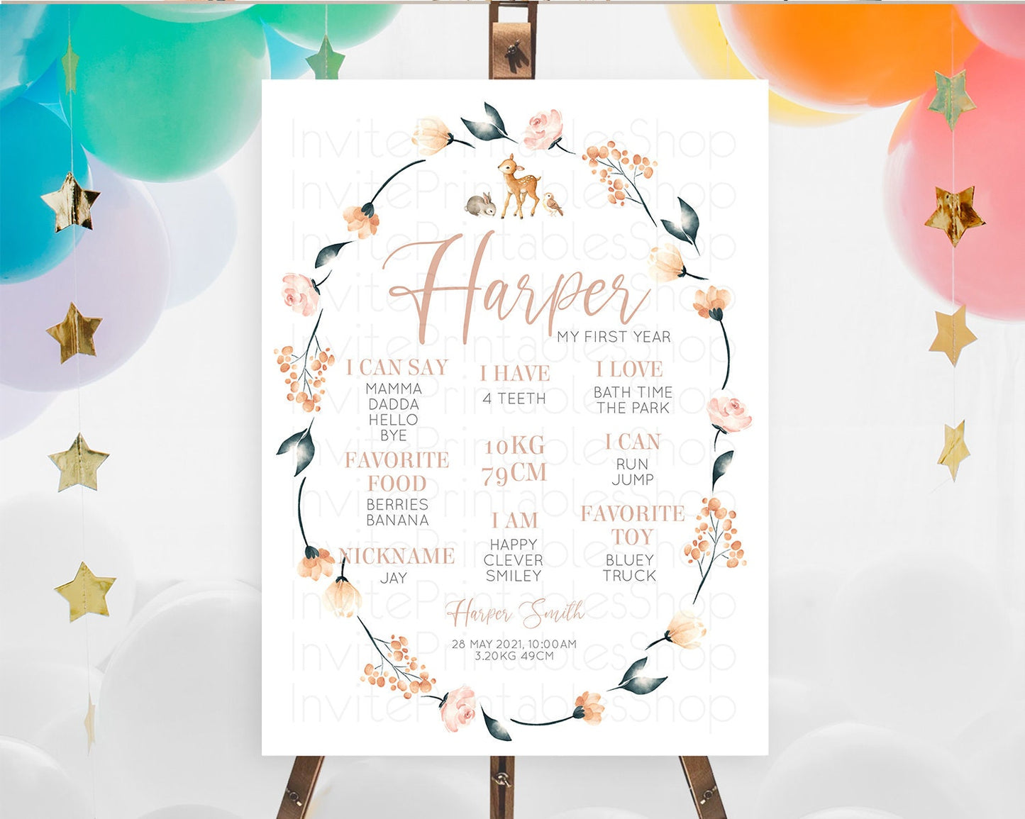 Fawn First Birthday Milestone Board Deer First Birthday Milestone Poster Enchanted Forest Butterfly Pastel Flowers 1st Birthday Sign D10241