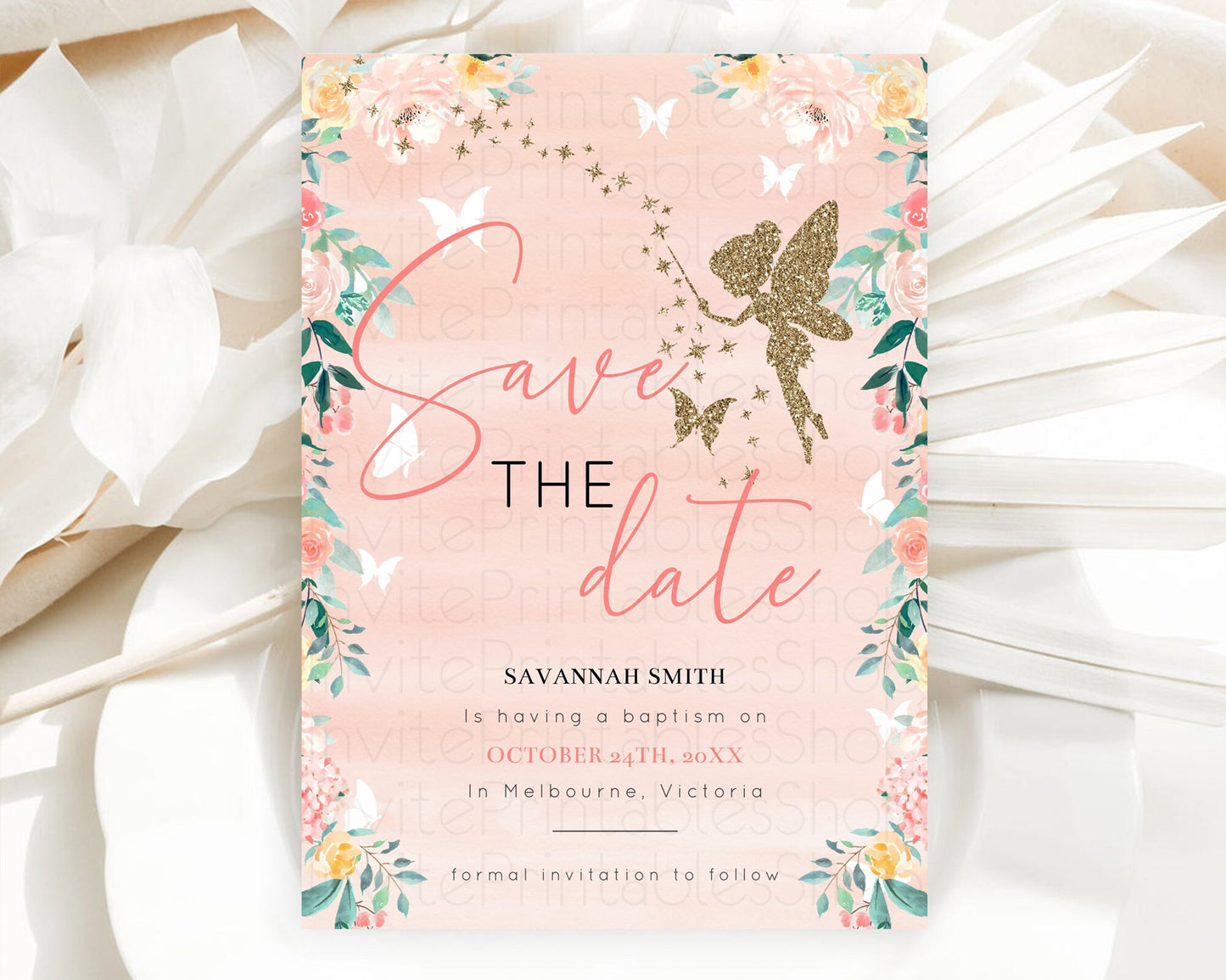 Fairy Save The Date Template Enchanted Garden Pastel Floral Butterfly Party Secret Garden Birthday Baptism Baby Shower Bridal Shower D10792