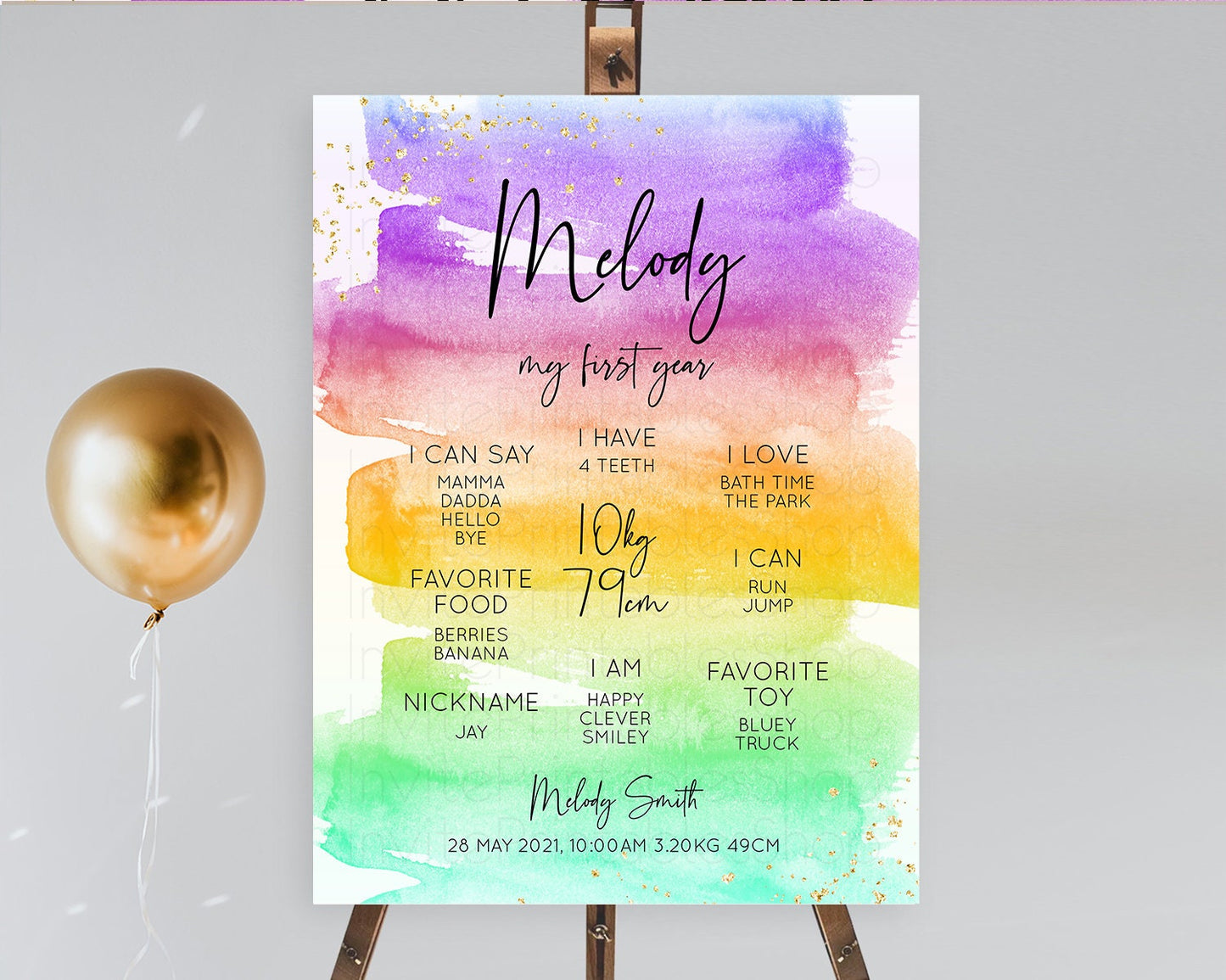 Pastel First Birthday Milestone Board Pastel Rainbow Milestone Poster Colorful Confetti Watercolor Glitter 1st Birthday Welcome Sign D10524