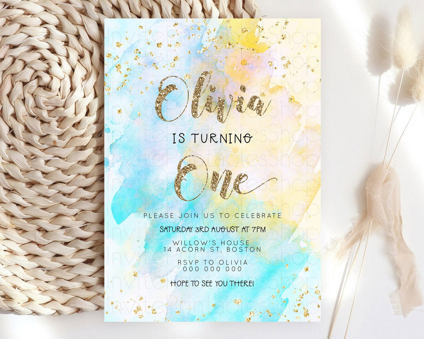 Rainbow Birthday Invitation Colorful Pastel Watercolor Invitation Gold Glitter Sprinkles Ombre Pastel 1st 2nd 3rd Birthday D23301