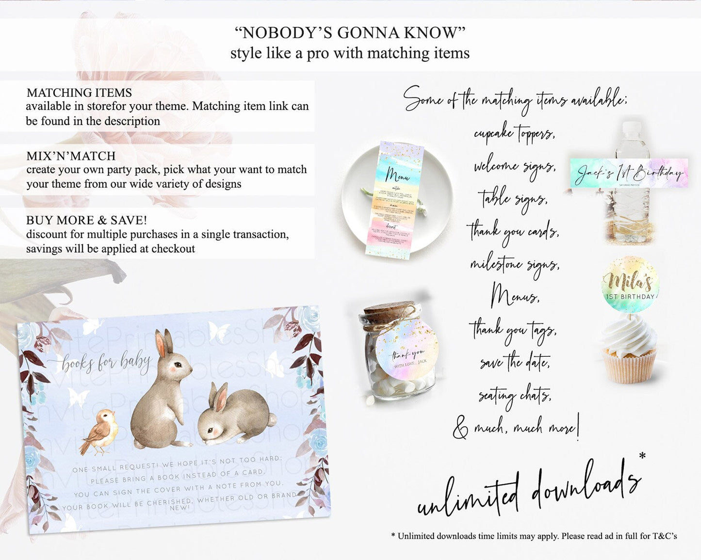Bunny Books For Baby Card Floral Bunny Book Insert Pastel Flowers Woodland Bunny Book Card Forest Bunny Baby Book Poem Request D10923