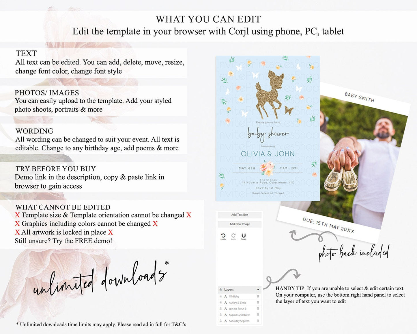 Fawn Baby Shower Invitation: Enchanted Forest, Glitter, Deer, Butterfly, Pastel Flower - Whimsical Woodland Blue, Pink, Orange, Green D10902