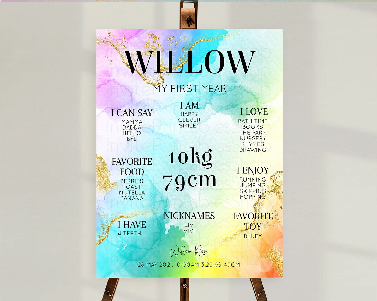 Pastel First Birthday Milestone Board Pastel Rainbow Milestone Poster Colorful Confetti Watercolor Glitter 1st Birthday Welcome Sign D10393