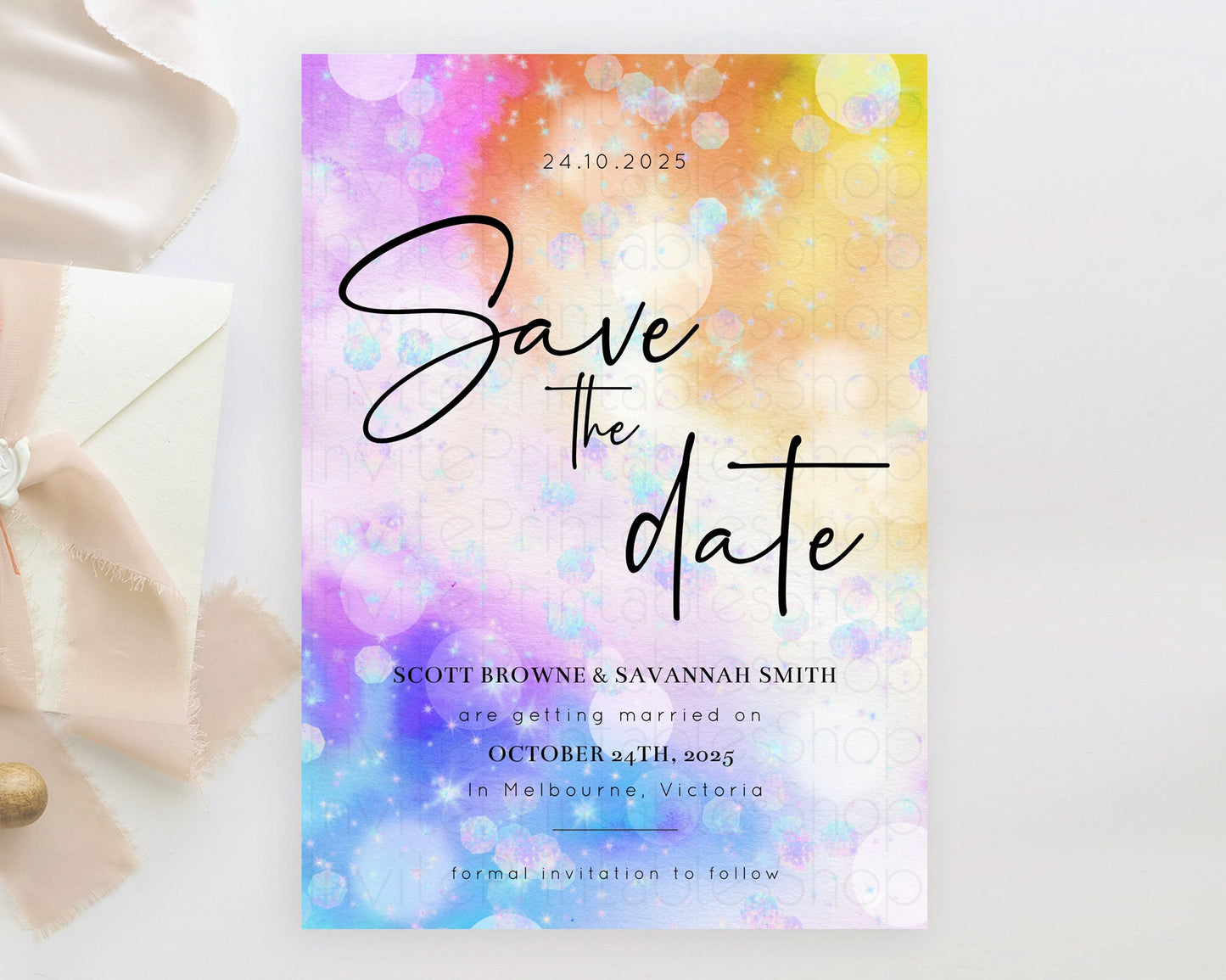 Colorful Save The Date Template Pastel Rainbow Watercolor Iridescent Ombre Party For 1st Birthday Baptism Baby Shower Bridal Shower D10690