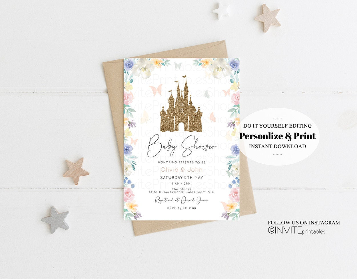 Princess Baby Shower Castle Invitation Disney Invitation Glitter Pastel Florals Secret Garden Enchanted Castle Magical Butterflies Flutters