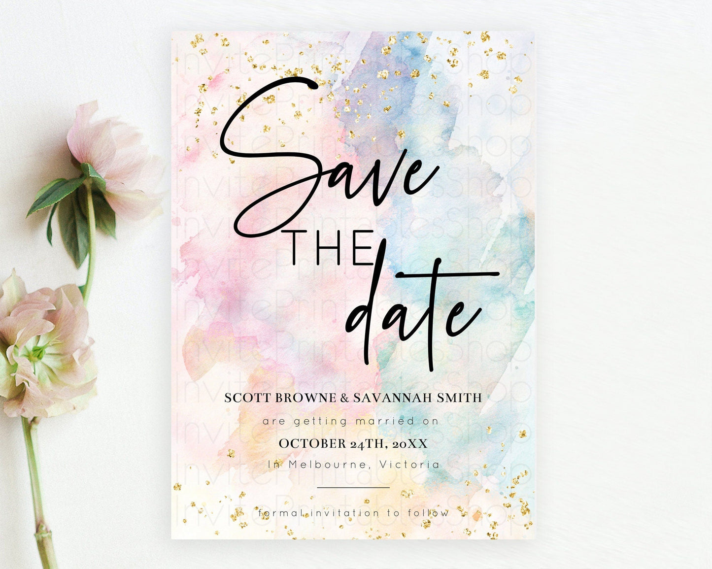 Pastel Save The Date Template Pastel Ombre Rainbow Watercolor Colorful Party For Birthday Baptism Baby Shower Wedding Bridal Shower D10276