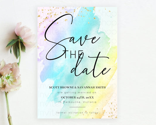 Editable Pastel Save The Date Template Pastel Ombre Rainbow Watercolor Color