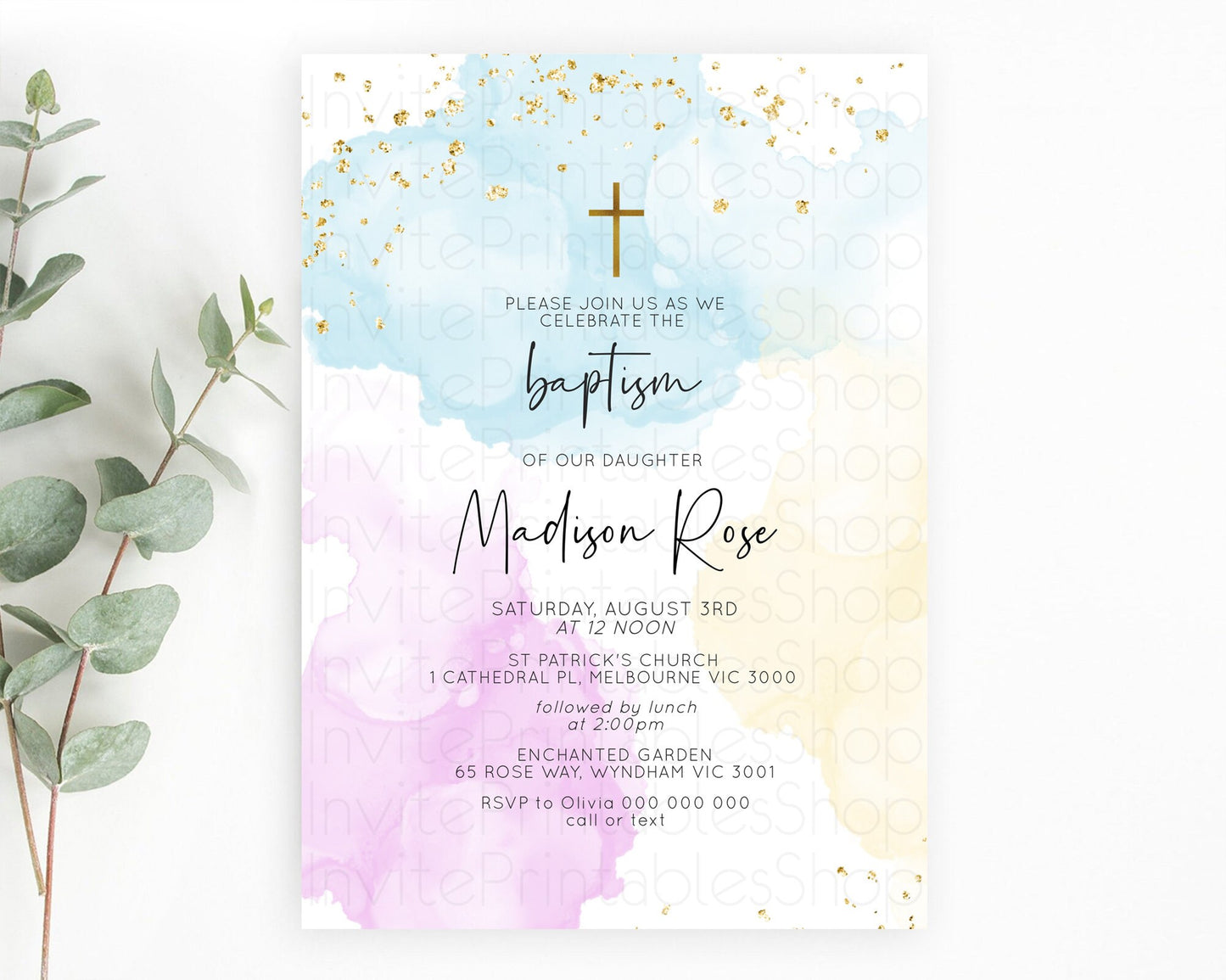 Pastel Baptism Invitation Pastel Colors Watercolor Baptism 1st Birthday Party Gold Ombre Pastel Rainbow Christening Holy Communion D10155