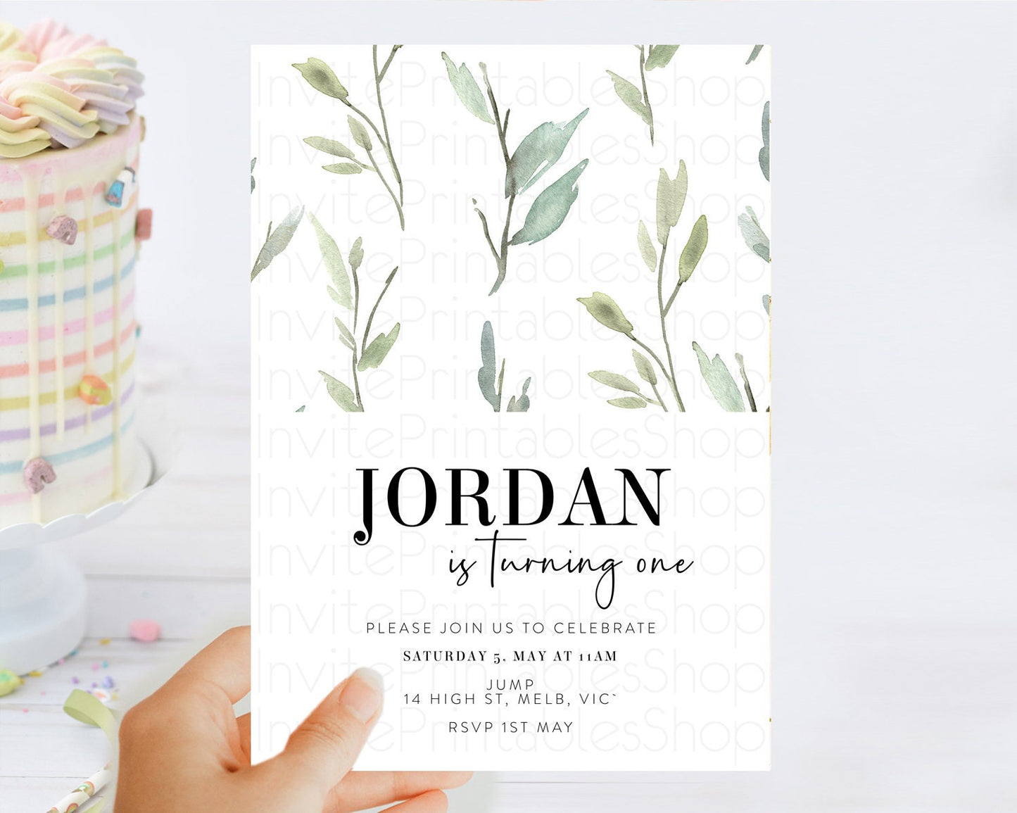Leafy Birthday Invitation Leafy Invitation Simple Greenery Invitation Eucalyptus Fern Spray Leaves Minimal Green Leaf Watercolour D11058