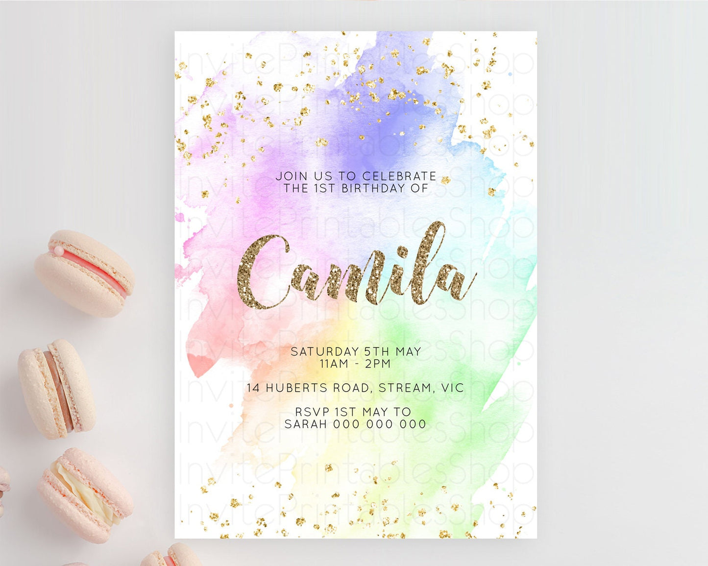 Editable Rainbow Birthday Invitation Colorful Pastel Watercolor Invitation G