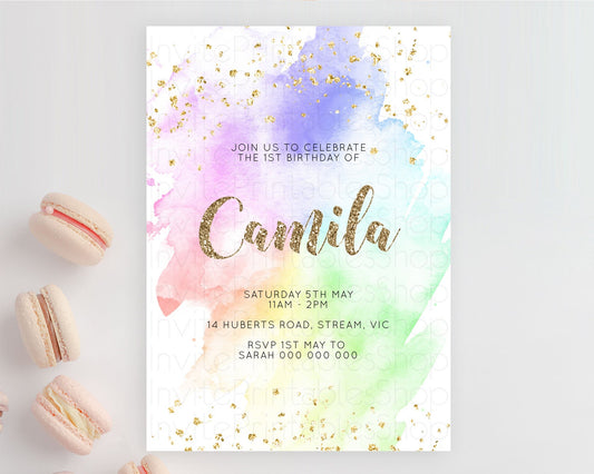 Editable Rainbow Birthday Invitation Colorful Pastel Watercolor Invitation G
