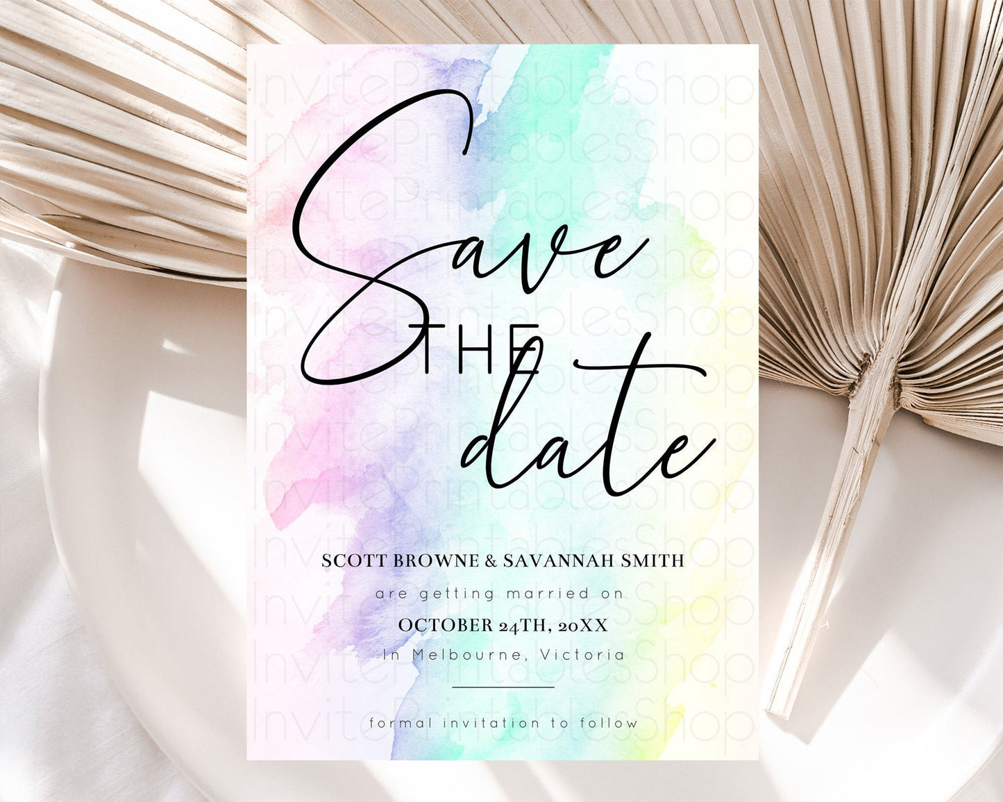 Pastel Save The Date Template Pastel Ombre Rainbow Watercolor Colorful Party For Birthday Baptism Baby Shower Wedding Bridal Shower D10231