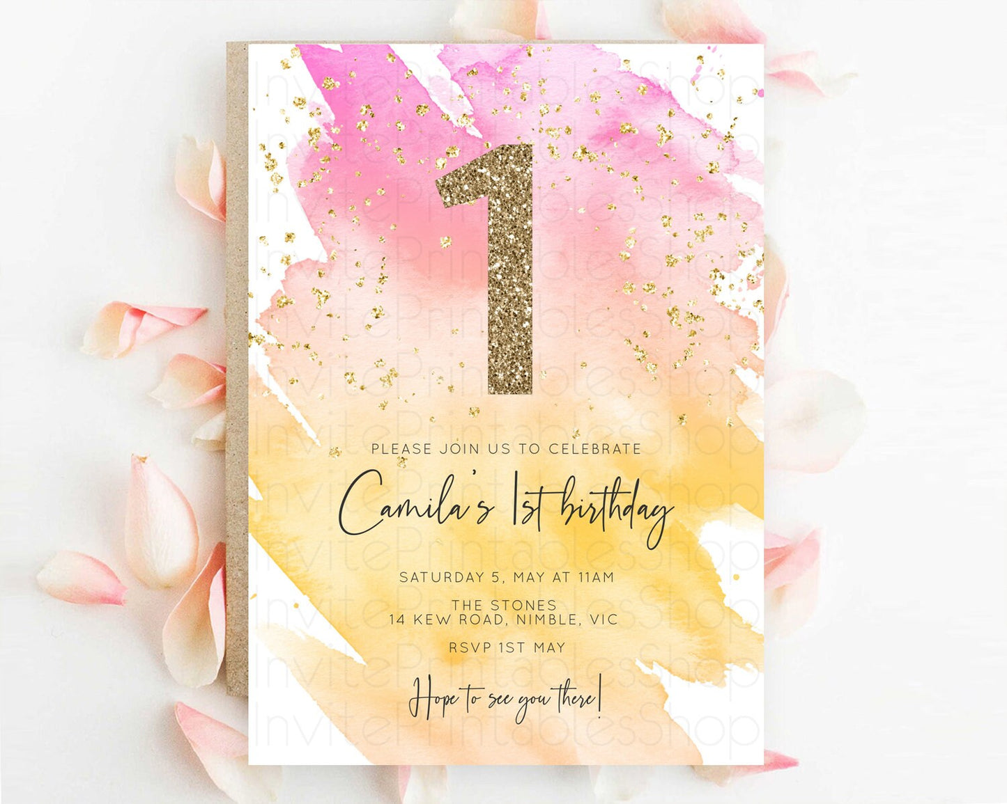 Rainbow Birthday Invitation Colorful Pastel Watercolor Invitation Gold Glitter Sprinkles Ombre Pastel 1st 2nd 3rd Birthday D10527