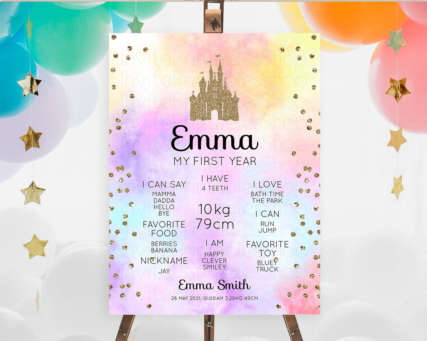 Princess First Birthday Milestone Poster Pastel Princess Milestone Board Pastel Rainbow Colorful Enchanted Castle 1st Birthday Sign D10148