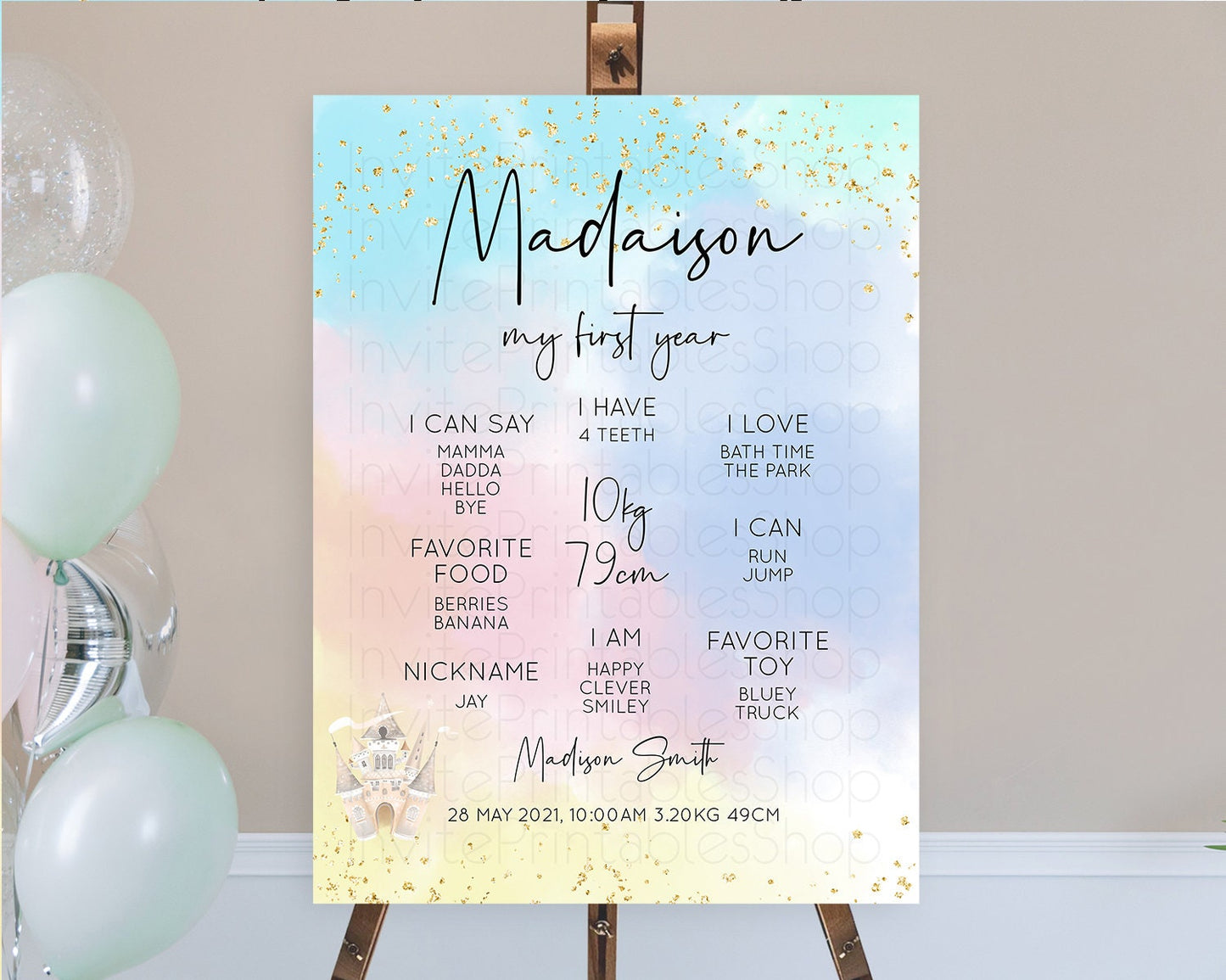 Pastel First Birthday Milestone Board Pastel Rainbow Milestone Poster Colorful Confetti Watercolor Glitter 1st Birthday Welcome Sign D10376