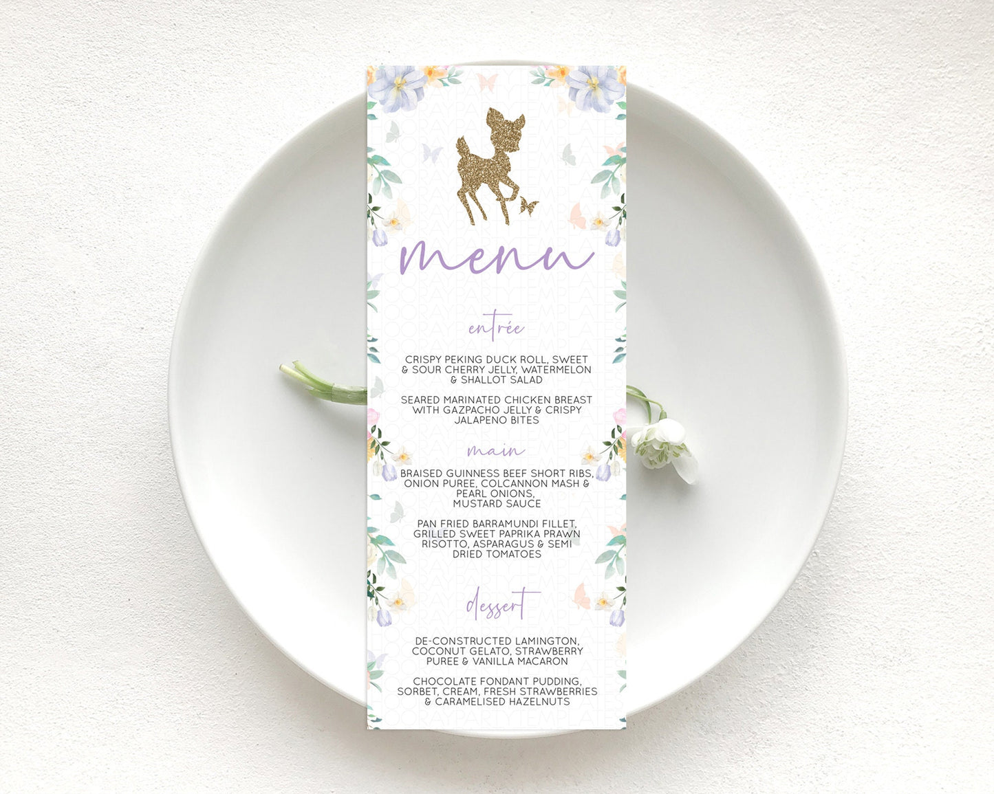 Fawn Menu Deer Menu Template Pastel Floral Deer Table Decor Enchanted Forest Butterfly Floral Dinner Dessert Menu Party Food Menu D10477