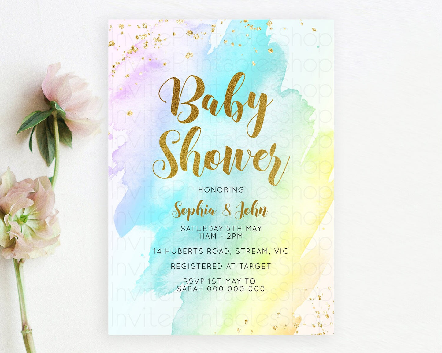 Pastel Baby Shower Invitation Rainbow Baby Shower Invitation Colorful Pastel Watercolor Invitation Gold Glitter Sprinkles Ombre D11026