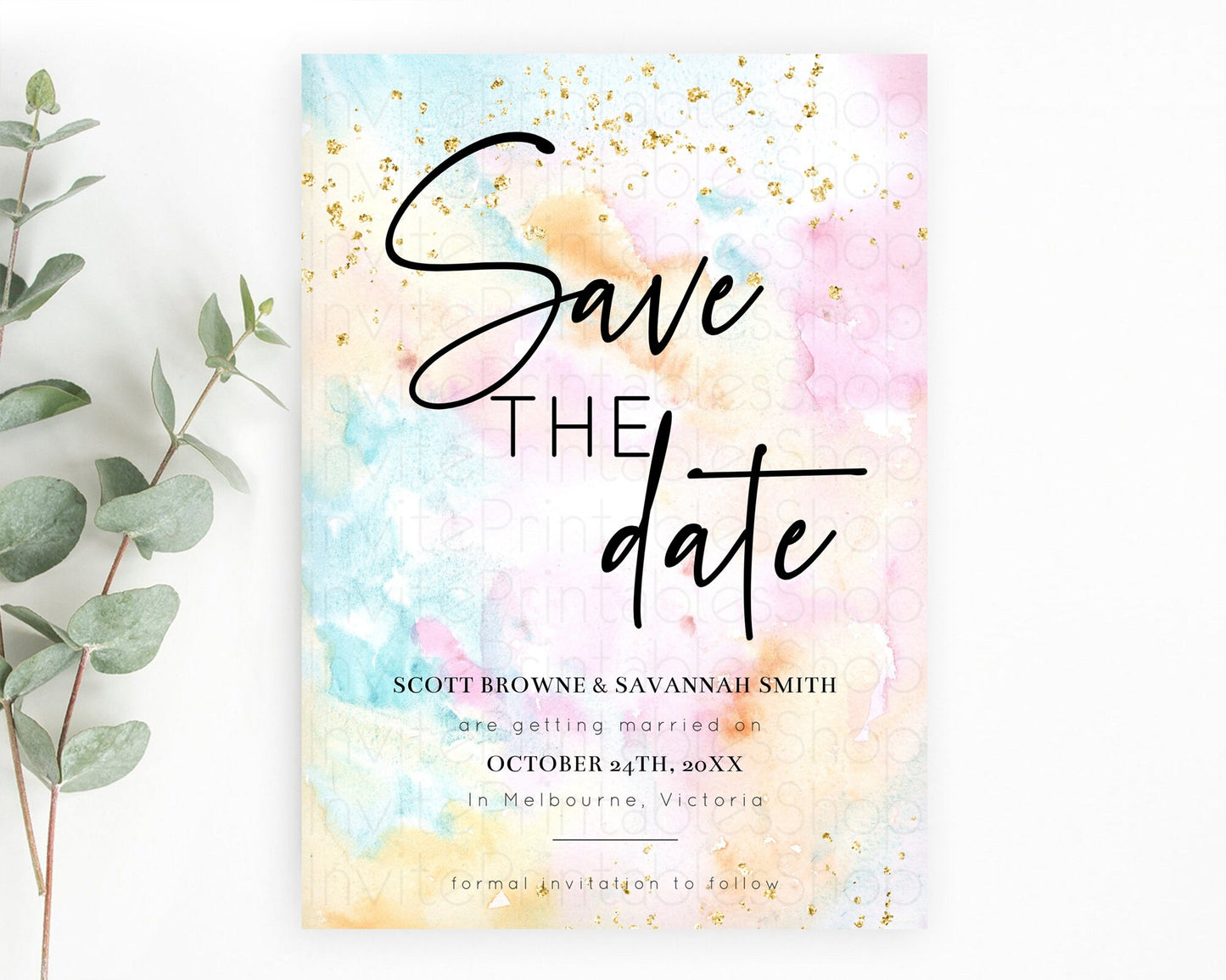 Pastel Save The Date Template Pastel Ombre Rainbow Watercolor Colorful Party For Birthday Baptism Baby Shower Wedding Bridal Shower D10548