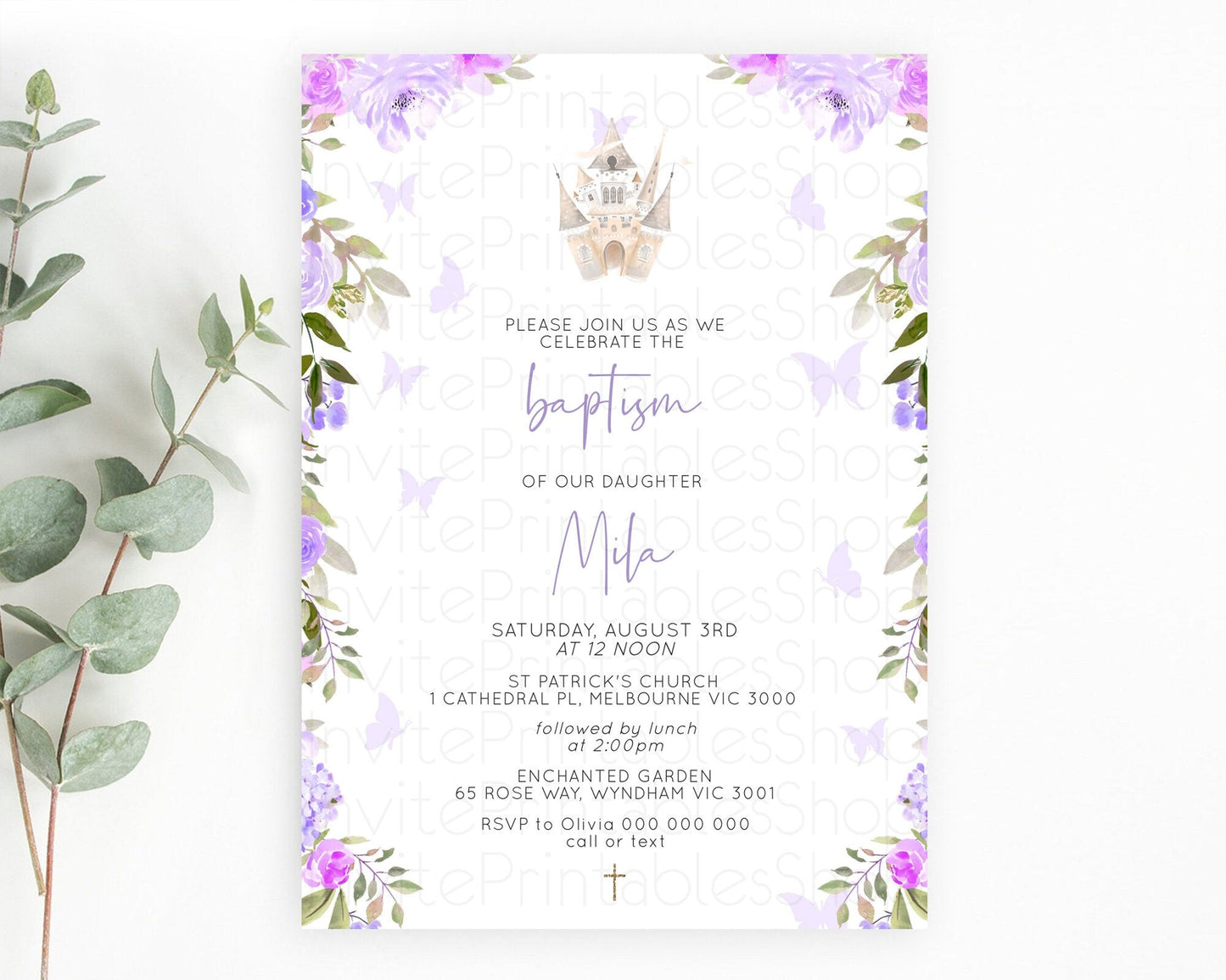Princess Baptism Invitation Enchanted Castle Baptism 1st Birthday Invitation Royal Party Pastel Floral Secret Garden Christening D10339