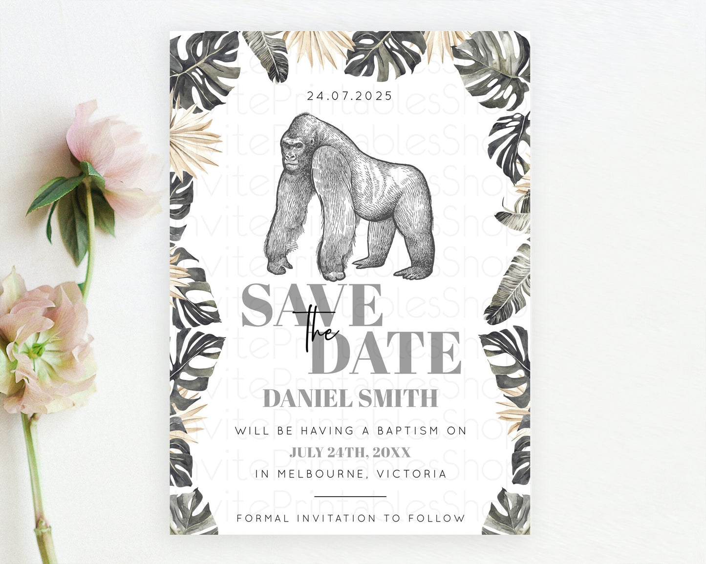 Gorilla Save The Date Template Gorilla Party Save The Date Safari Adventure Gorilla Minimal Theme 1st Birthday Baptism Baby Shower D10825