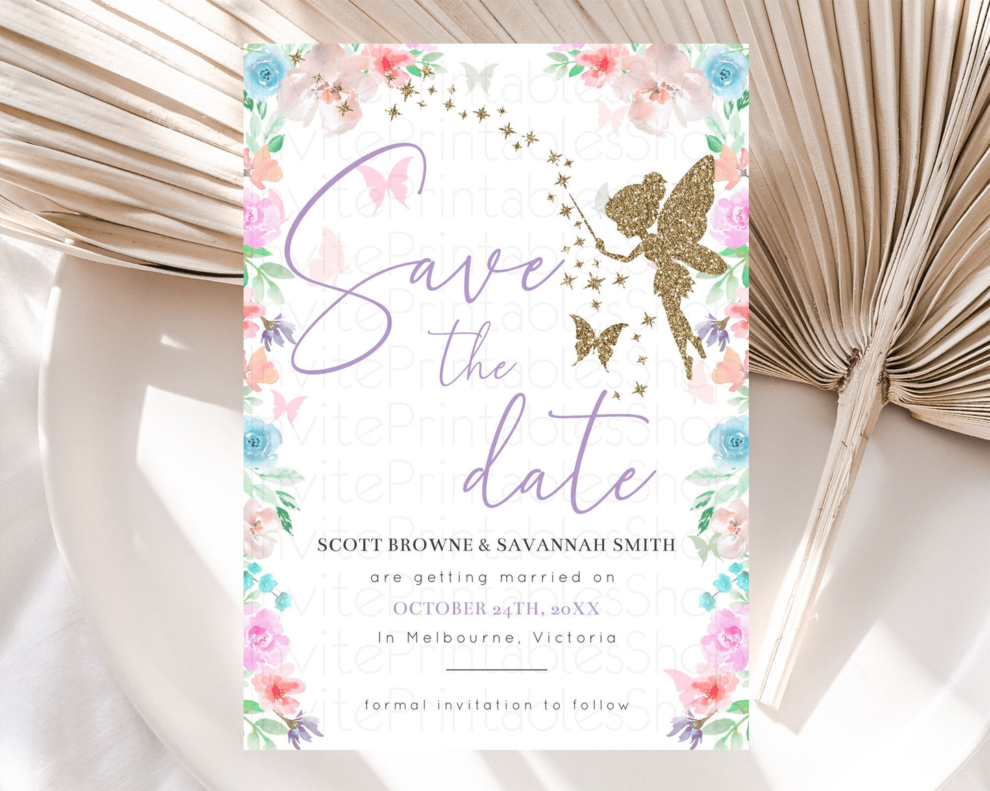 Fairy Save The Date Template Enchanted Garden Pastel Floral Butterfly Party Secret Garden Birthday Baptism Baby Shower Bridal Shower D10126