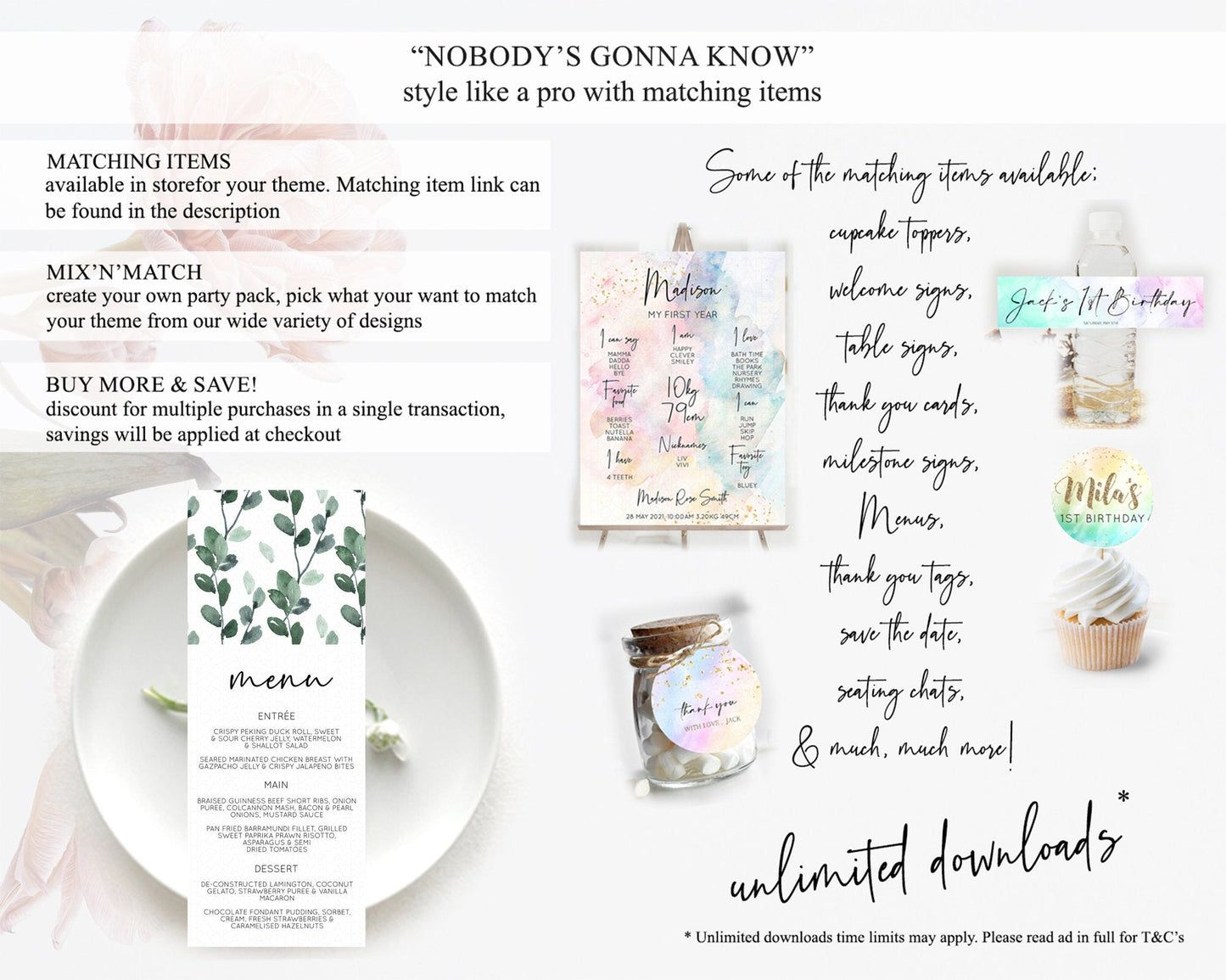 Leafy Menu Green Leaf Menu Template Eucalyptus Fern Leaves Decor Watercolor Boho Garden Leaf Branch Dinner Dessert Party Food Menu D11059