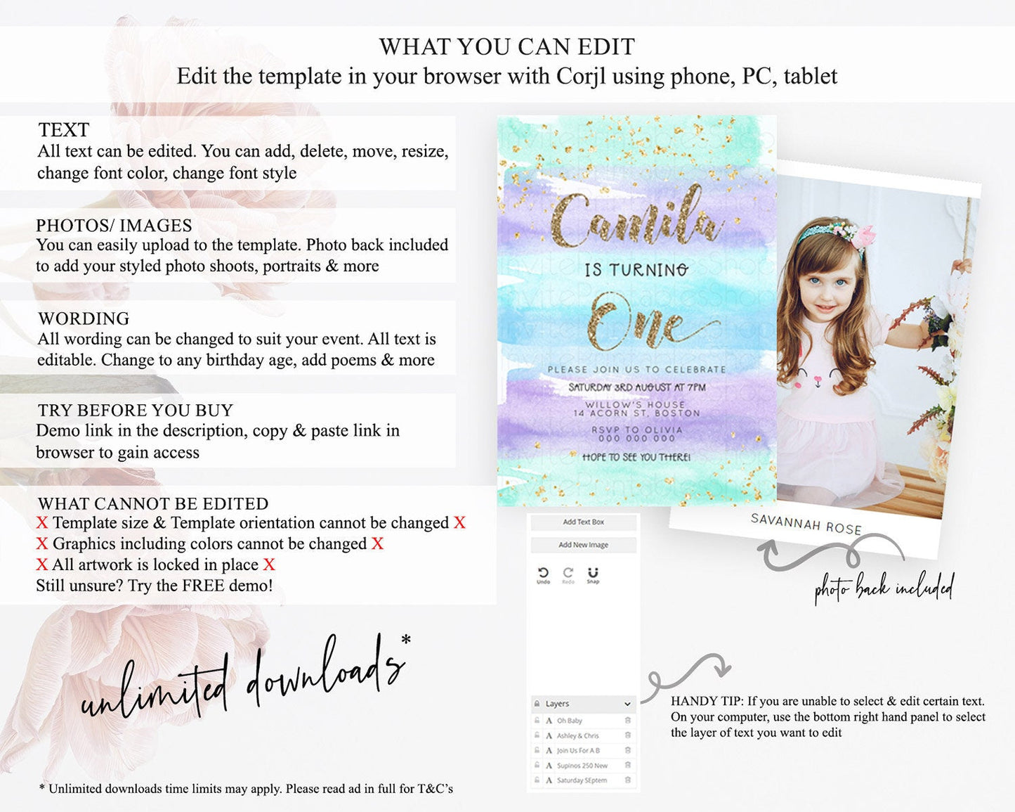 Rainbow Birthday Invitation Colorful Pastel Watercolor Invitation Gold Glitter Sprinkles Ombre Pastel 1st 2nd 3rd Birthday D23270