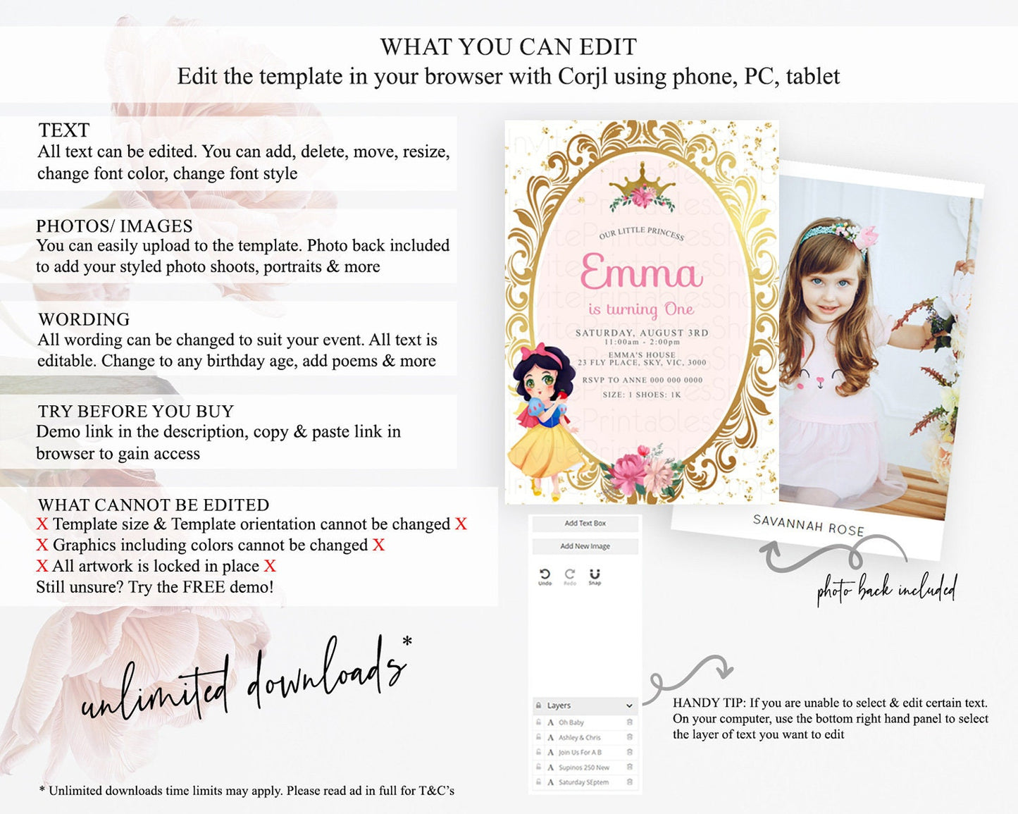 Princess Birthday Invitation Castle Invitation Royal Birthday Fairy Tale Enchanted Mirror Pastel Floral Garden 1st First Birthday D10127
