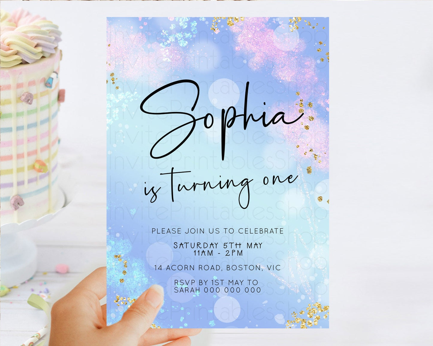 Blue Birthday Invitation Blue Watercolor Invitation Pastel Blue Watercolor Invitation Blue Splash Gold Invitation 1st First Birthday D23106