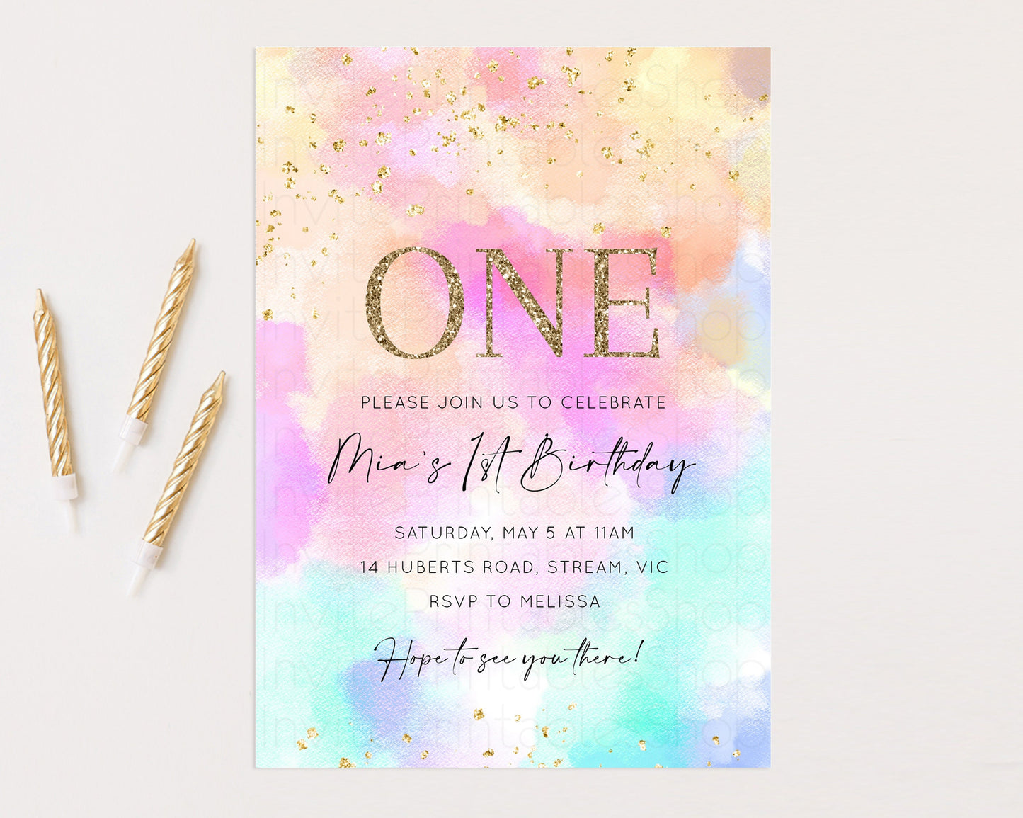 Rainbow Birthday Invitation Pastel Birthday Invite Ombre Watercolor Invite Enchanted Theme Colorful Splash Glitter Sprinkles 1st 2nd 3rd