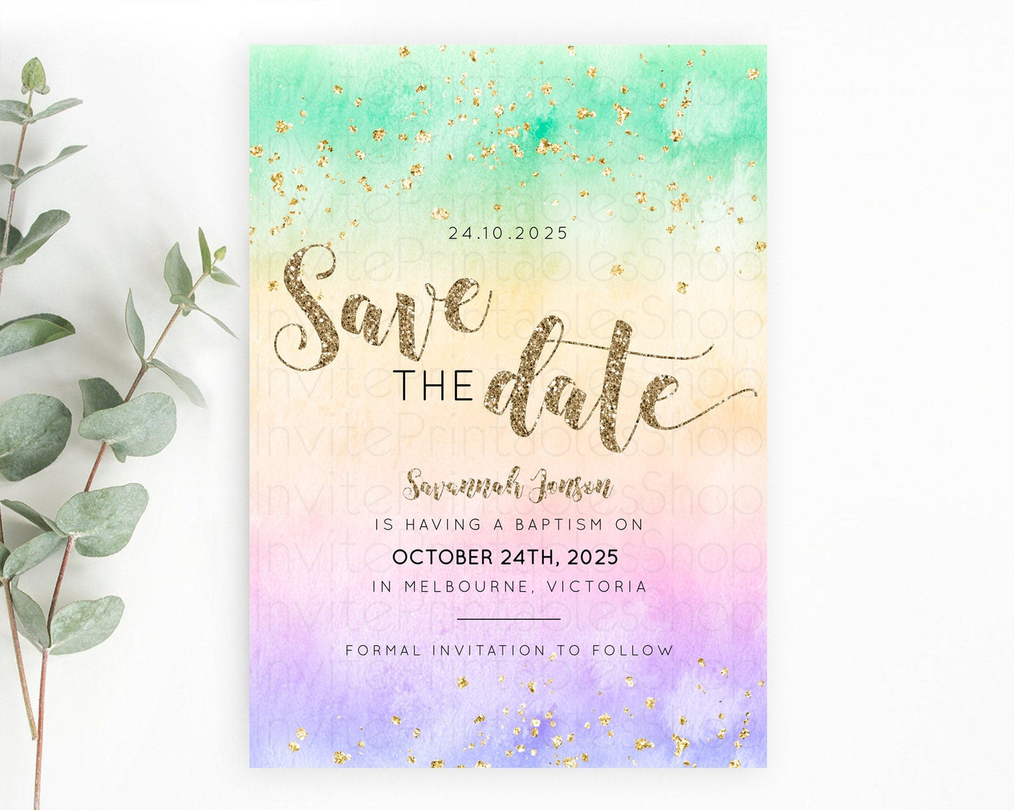 Pastel Save The Date Template Pastel Ombre Rainbow Watercolor Colorful Party For Birthday Baptism Baby Shower Wedding Bridal Shower D10478