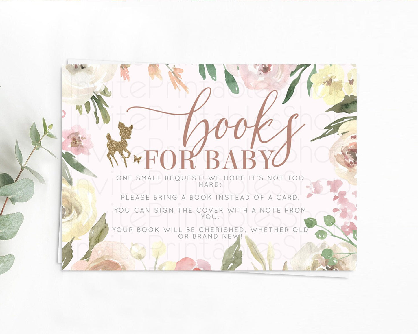 Fawn Books For Baby Card Deer Book Insert Floral Deer Book Card Enchanted Forest Butterfly Pastel Baby Shower Book Poem Request D10193