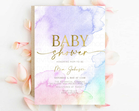 Pastel Baby Shower Invitation Rainbow Baby Shower Invitation Colorful Pastel Watercolor Invitation Gold Glitter Sprinkles Ombre D10215