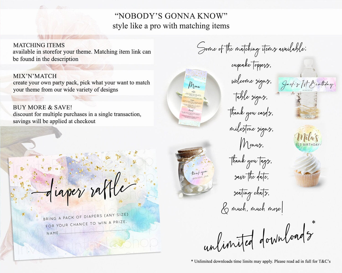 Pastel Diaper Raffle Card Pastel Rainbow Diaper Raffle Insert Colorful Ombre Watercolor Diaper Ticket Confetti Glitter Raffle Game D10424