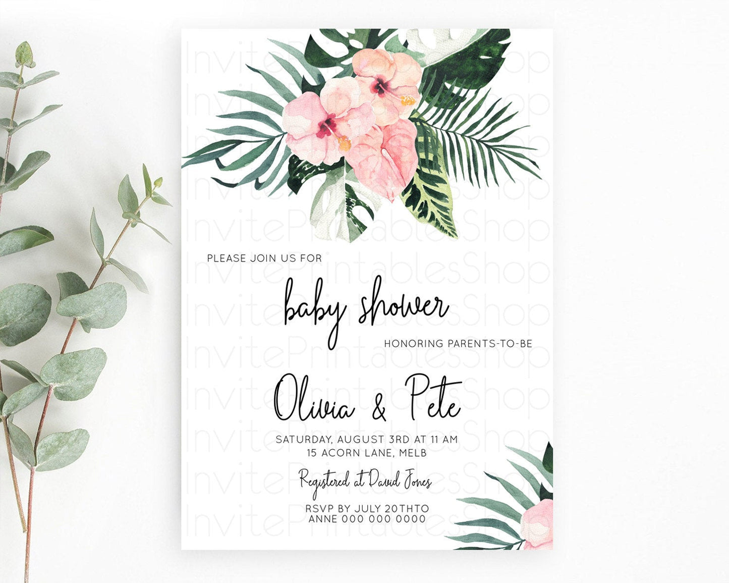 Tropical baby Shower Invitation Tropical Floral Baby Shower Invitation Palm Leaf Fern Invitation Frangipani White Orchid Invitation D11017