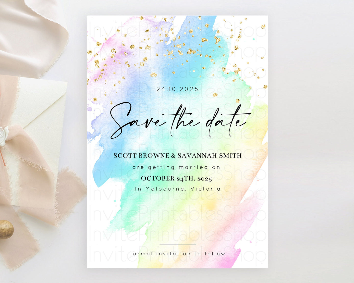 Pastel Save The Date Template Pastel Ombre Rainbow Watercolor Colorful Party For Birthday Baptism Baby Shower Wedding Bridal Shower D10640