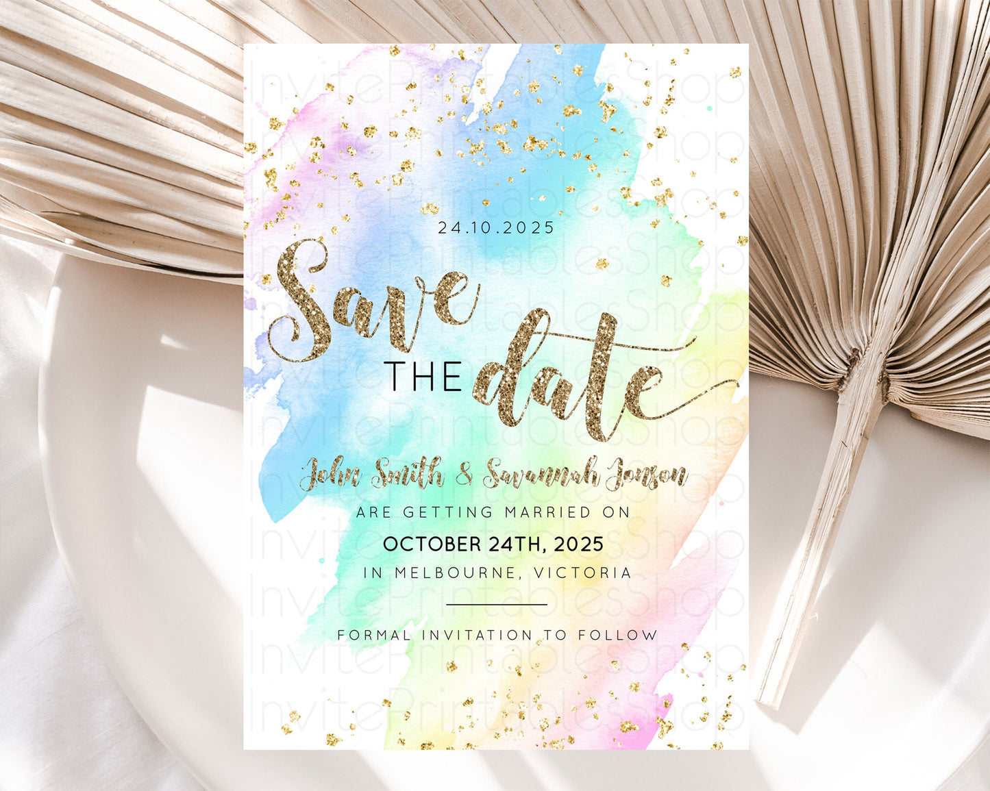 Pastel Save The Date Template Pastel Ombre Rainbow Watercolor Colorful Party For Birthday Baptism Baby Shower Wedding Bridal Shower D10637