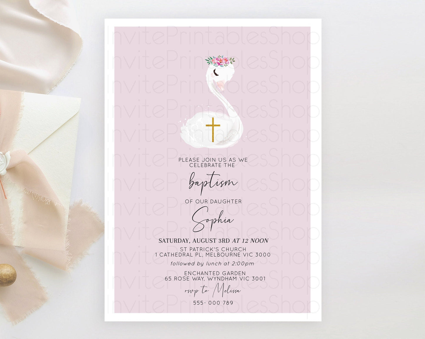 Swan Lake Baptism Invitation Swan Princess Ballet Baptism 1st Birthday Enchanted Forest Secret Garden Watercolour Pastel Floral D10758