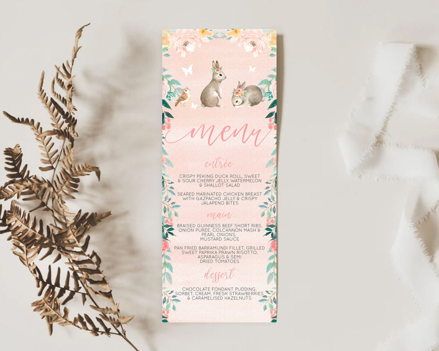 Bunny Menu Floral Bunny Menu Template Pastel Flowers Bunny Table Decor Secret Garden Bunny Dinner Dessert Menu Party Food Menu D10922