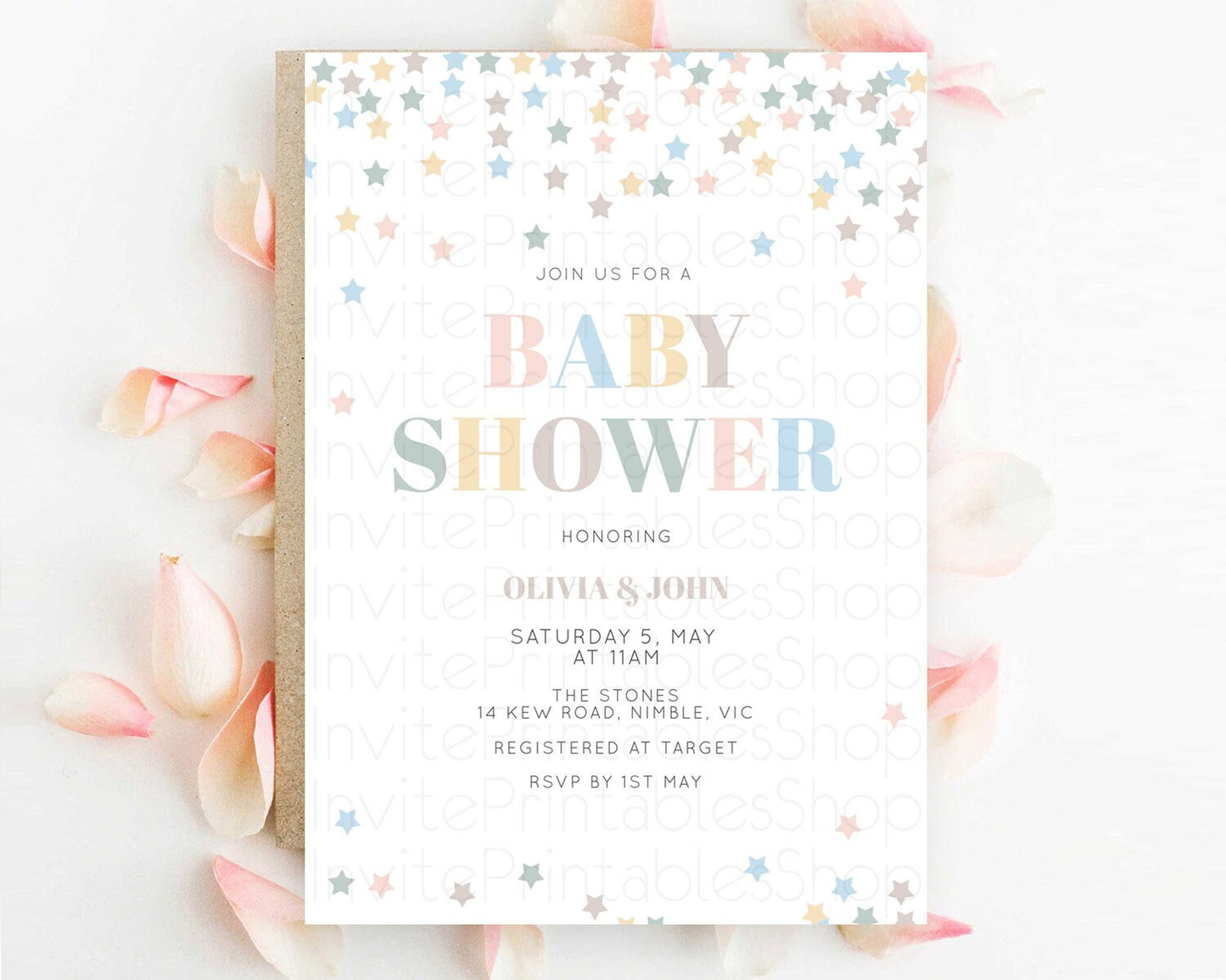 Twinkle Star Baby Shower Invitation, Pastel Rainbow Confetti, Sprinkle Stars with Soft Blue, Green, Brown, and Yellow Pink Tones D10795