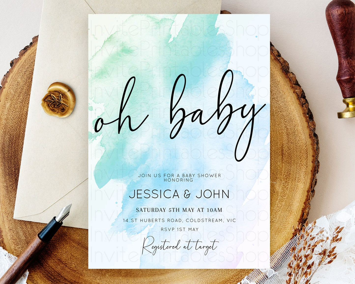 Blue Baby Shower Invitation Blue Watercolor Baby Shower Invitation Pastel Blue Watercolor Invitation Blue Splash Gold Invitation D10168