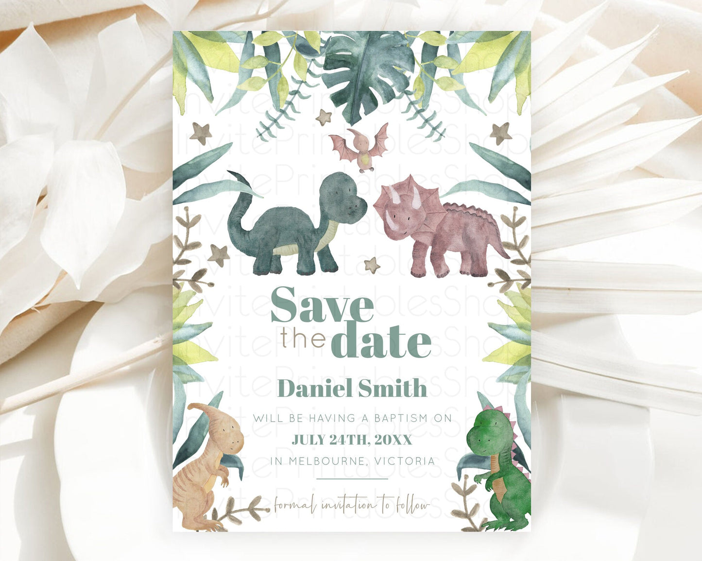 Dinosaur Save The Date Template Dinosaur Volcano Watercolor Volcano T-Rex Raptor Jurassic Party 1st Birthday Baptism Baby Shower D10597