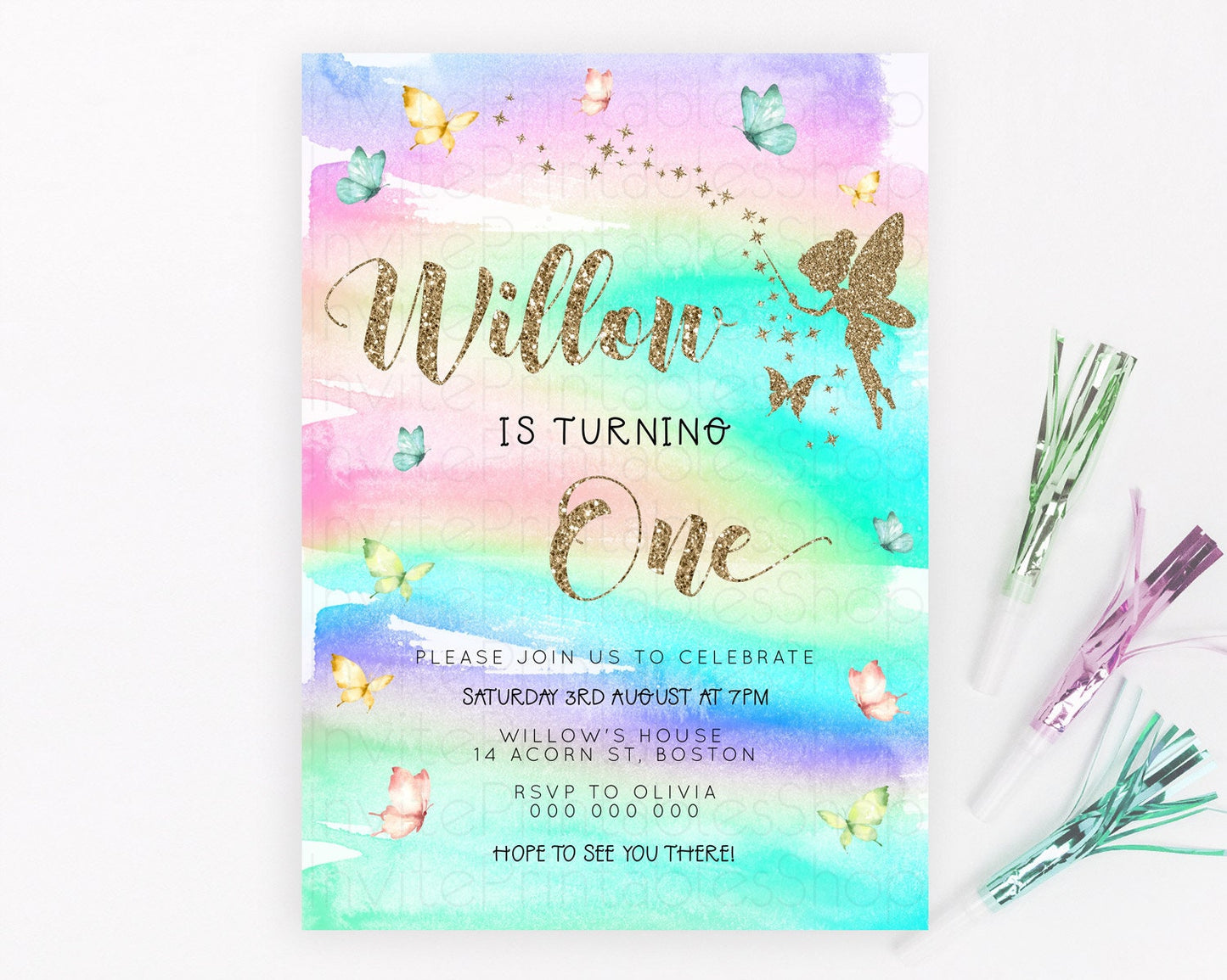 Pastel Fairy Birthday Invitation Pastel Butterflies Fairy Birthday Invitation Rainbow Ombre Watercolor 1st 2nd Birthday Invitation D23308