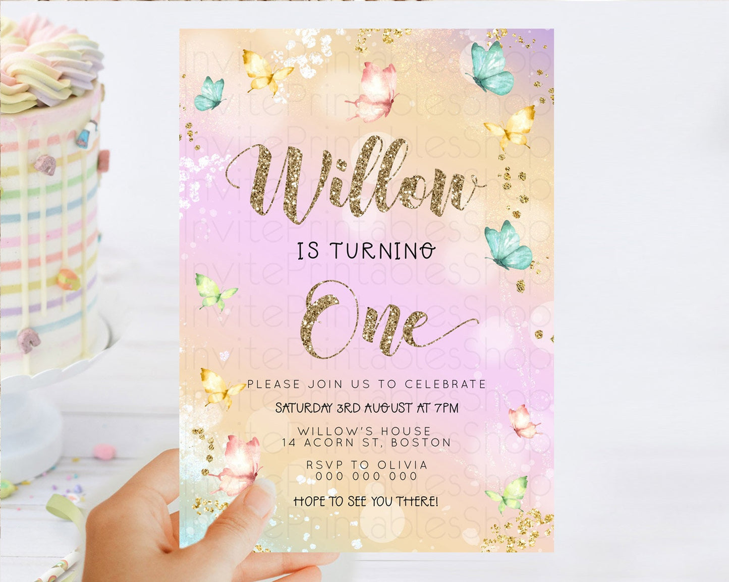 Pastel Butterfly Birthday Invitation Butterfly Birthday Invitation Colorful Splash Glitter Butterfly Garden 1st 2nd Birthday D23086