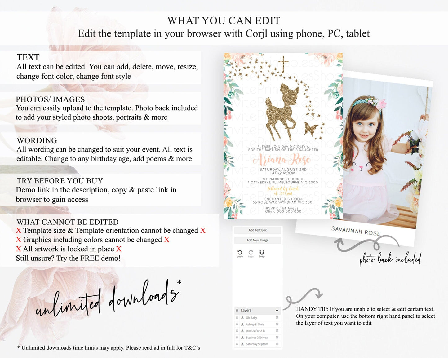 Fawn Baptism Invitation Deer Baptism 1st Birthday Invitation Enchanted Forest Christening Invitation Pastel Garden Butterfly Floral D10874