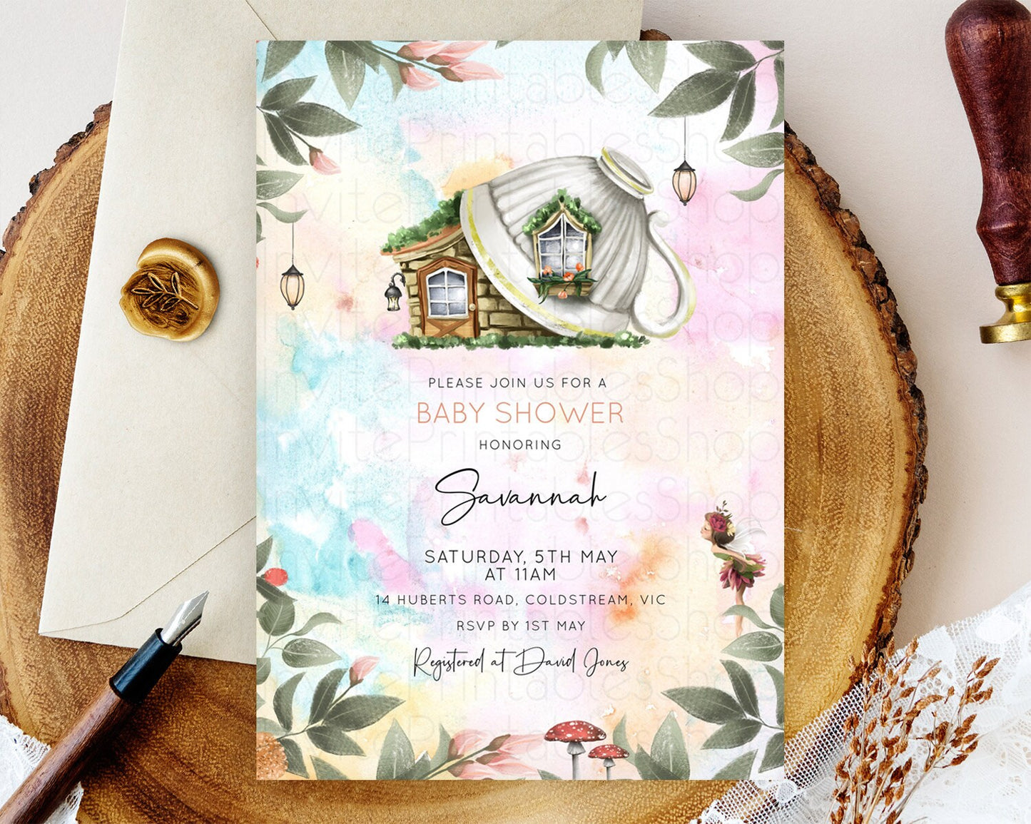 Fairy Baby Shower Invitation Pastel Fairy Invites Fairy Tea Party Fairy Garden Theme Secret Garden Enchanted Garden Floral Butterfly D10555