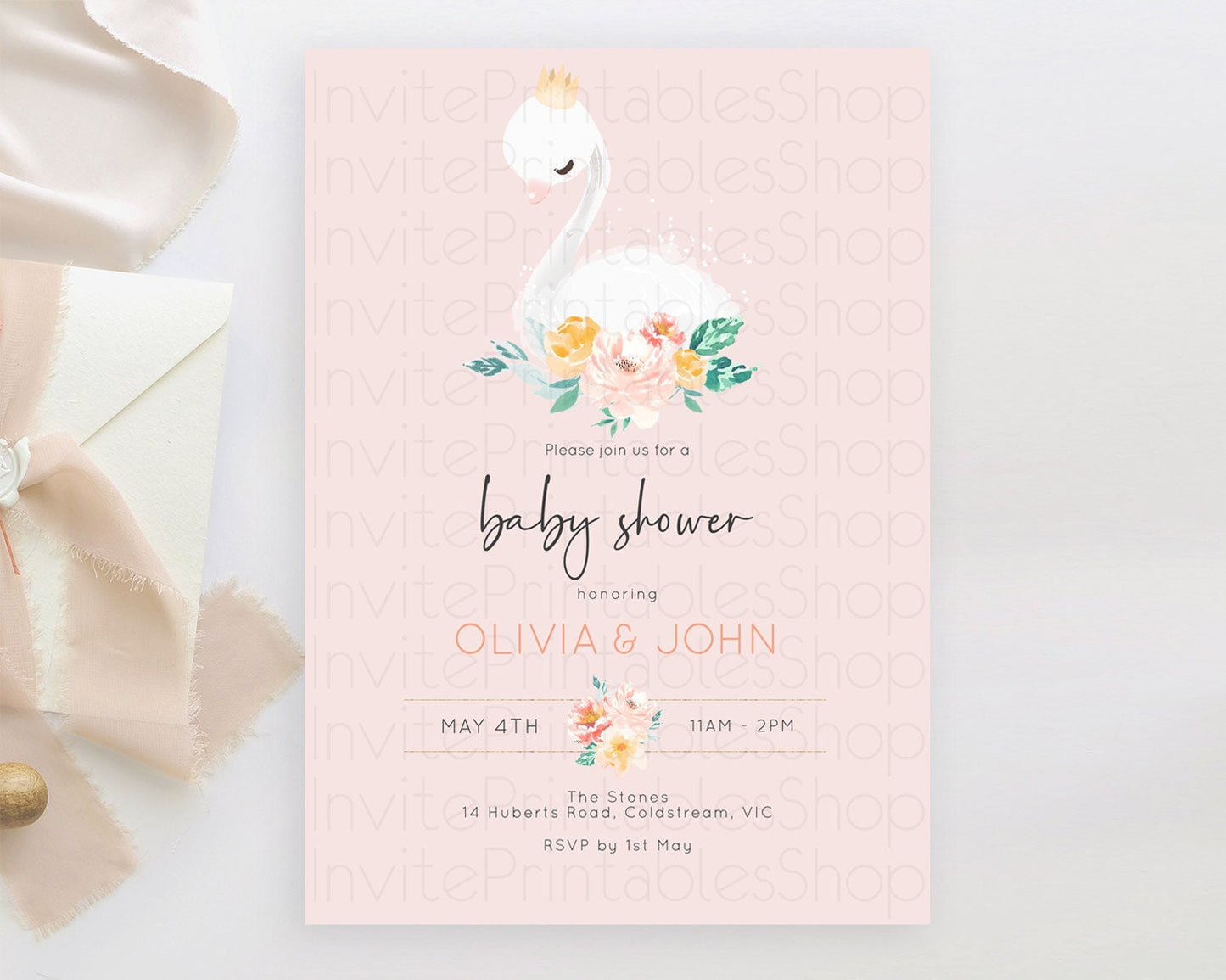 Swan Lake Baby Shower Invitation: Secret Garden, Swan Princess Ballet, Watercolor Pastel Floral, Butterfly Accents, Soft Pink, Green D10388